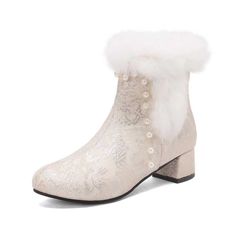 

Женские ботильоны с круглым носком на массивном среднем каблуке, короткие ботинки на молнии с бусинами, женская модная обувь, зимняя абрикосовая светло-голубая 44 33 миндальный