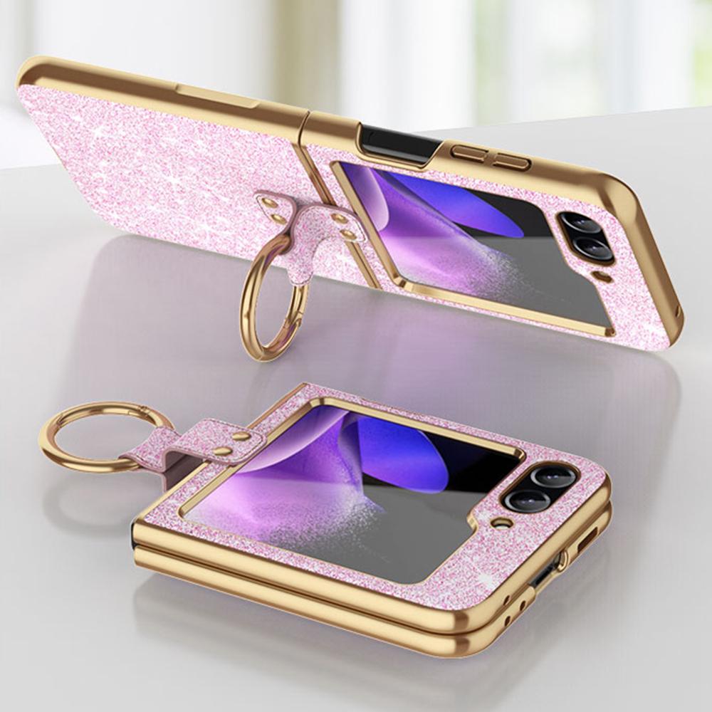 For Samsung Galaxy Z Flip7 FE 5G/Z Flip6 5G Case Glitter Leather+PC Electroplating Phone Cover Ring Kickstand