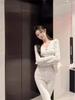 Women's White Lace V-Neck Long-Sleeve T-Shirt - Sexy Autumn Inner Layer