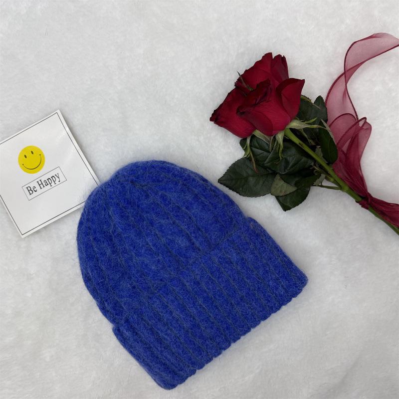 New rabbit fur knitted hat women's solid color twist wool hat winter outdoor warm single-layer ear protection pullover hat