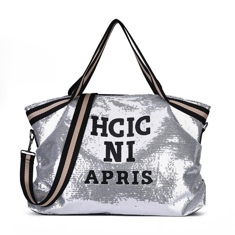 Large Capacity Sequin Travel Bag: Fashionable Letter Sports Yoga Shoulder Handbag