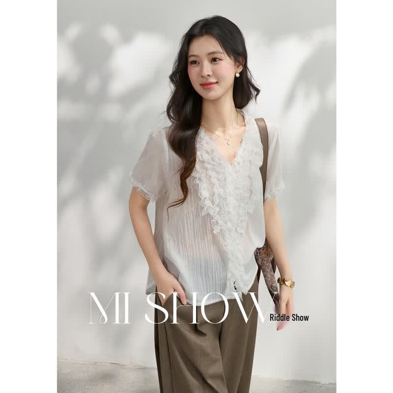 Elegant Lace Trim V-Neck Blouse M