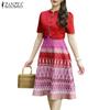ZANZEA Women Summer Stand Collar Casual Short Sleeve Print Dress