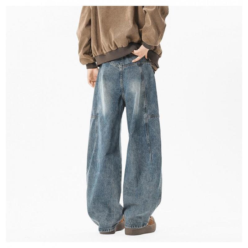 Mens Distressed Patchwork Jeans Thin Loose Straight Leg Wide Pants Teens