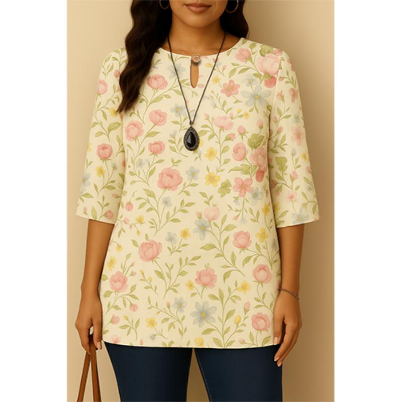 Casual Blouse, Vintage Style, For Women, Floral Print, O Neck, Three Tribal Sleeves, Elegant Loose Top