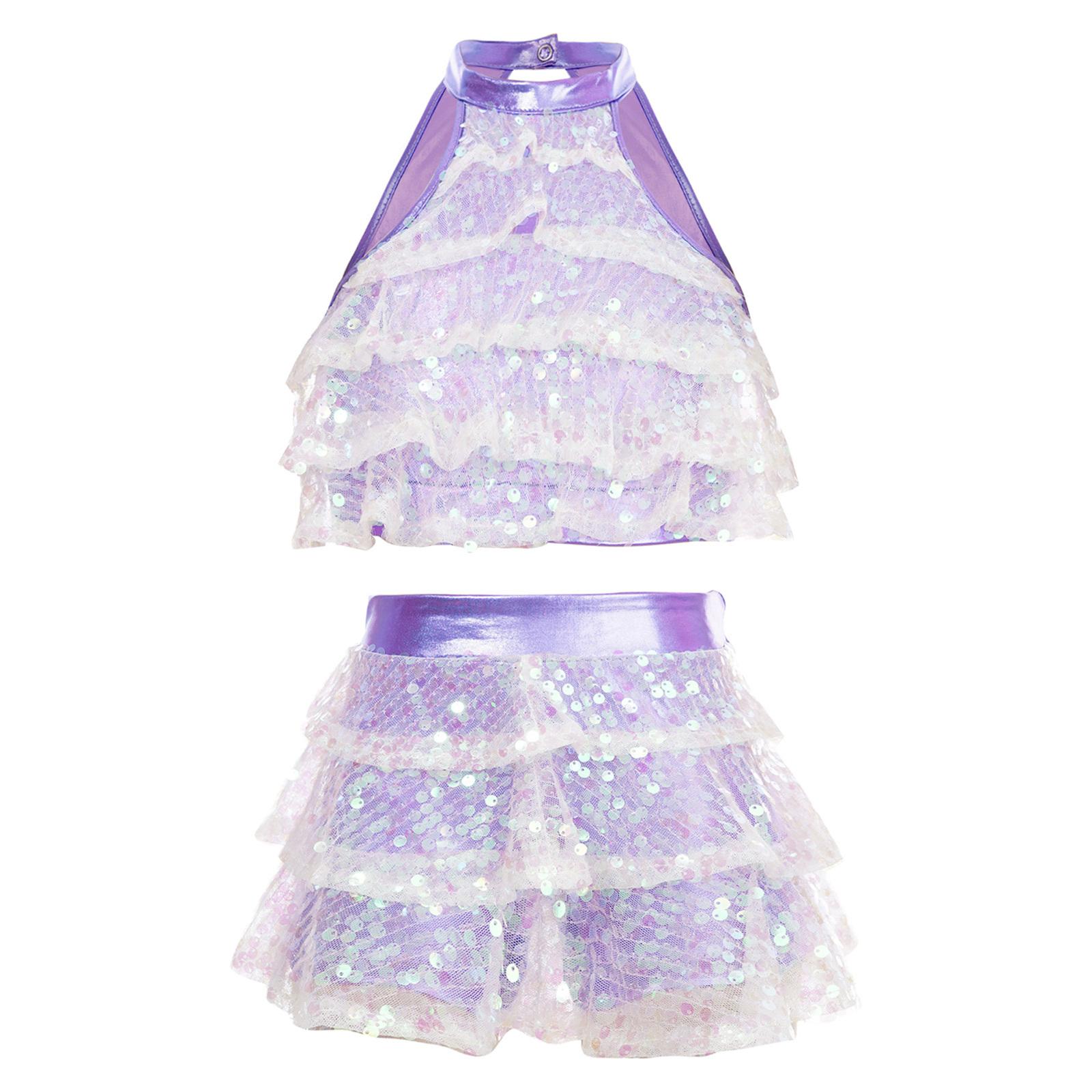 

Girls Sparkling Sequins Backless Crop Top and Elastic Waist Skirt Set for Dance Performances 13-14 Years