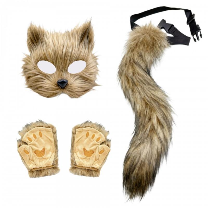 Halloween Cosplay Set Women Cute Cat Mask Plush Claw Gloves Fox Tail Accessories