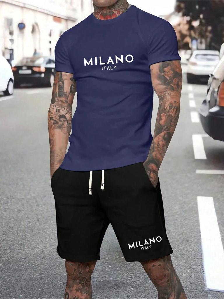 Herren Unifarben Buchstabendruck Sport T-Shirt Shorts Set Sommer Herren Kurzarm Oberteil Kordelzug Shorts 2-teiliges Set Übergröße 6XL