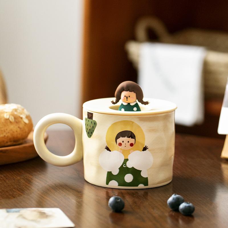 Retro Boy And Girl Couple Water Cup Ceramic Cup With Lid Pair Couple Breakfast Cup Coffee Cup