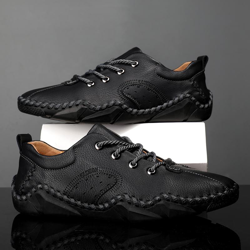 Men Brown Moccasins Hiking Shoes Handmade Black Flats Driving Shoes Casual Wide Head Shoes Plus Size