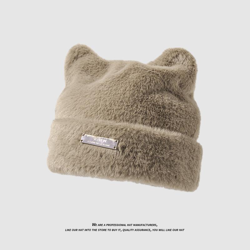 Cute Bear Ears Plush Hat Women's Thickened Warm Ear Protection Woolen Hat Large Head Circumference Versatile Baotou Knitted Hat