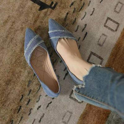 Denim med dusker, slip-on, spiss tå, dame flate sko, sommer, chic og elegant, uformell, Y2k, sosial, 2025, damesko, på tilbud