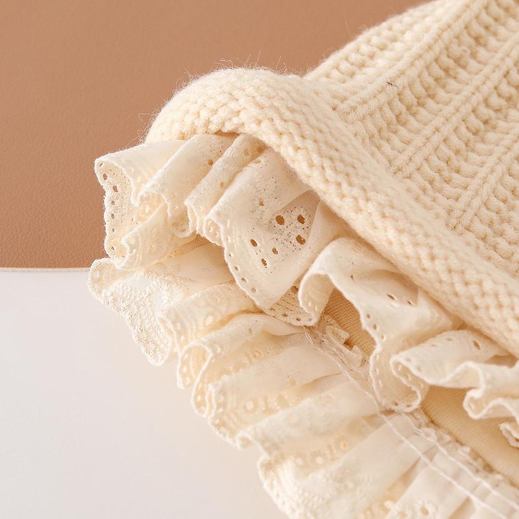 Koreański Styl Zimowa Czapka Wełniana z Koronką dla Malucha - Grubo Dziana, Wiązana, Ochrona Uszu