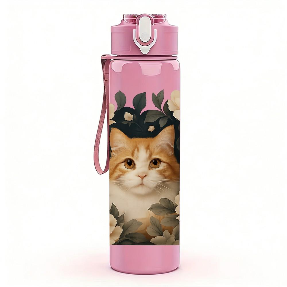 1PC Cat Surrounded By Rose Print 750ml Color Plastic Sports Water Bottle Leakproof Flip Straw Lid Suitable for Sports Office Home Use