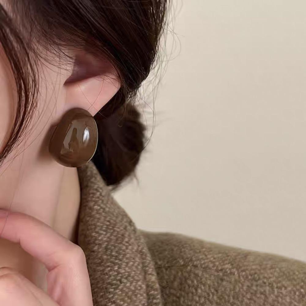 Trendy Retro Maillard Color Series Geometric Semi-circular Chocolate Bean Resin Stud Earrings for Women Korea Atmosphere Jewelry