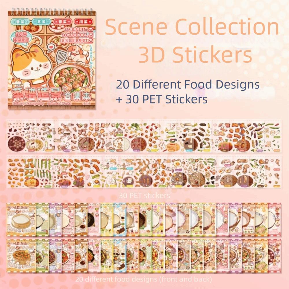 20 In 1 3D Landscape Stickers Featured Food Theme Cartoon Style Collection Stickers Book Die-cut Stacking Scene Stickers