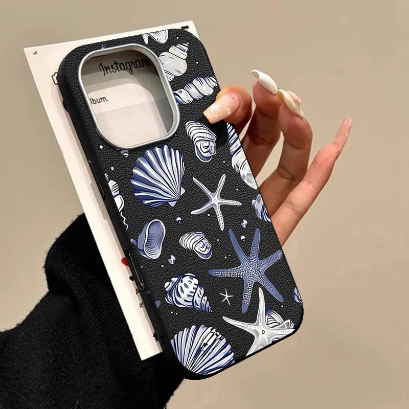 Starfish Printed Silicone Case For iPhone 16 Pro Max 14 15 Plus 13 12 Pro Max 11 Shockproof Leather Texture Soft TPU Phone Cover