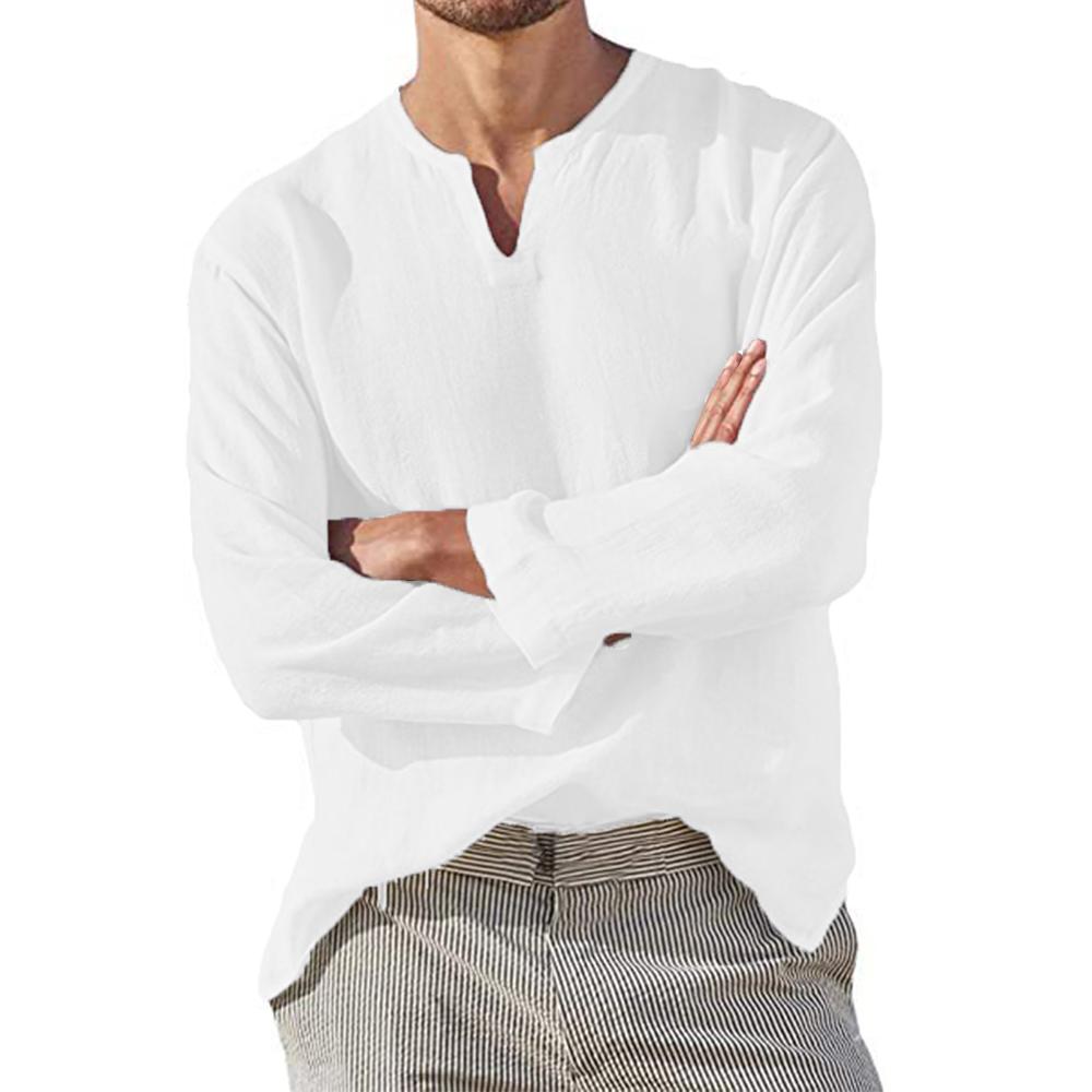 Cotton Linen Men Shirt Brief Breathable Comfy Solid Color Long Sleeve V Neck Casual Blouse Hawaiian Shirt Oversize Tops