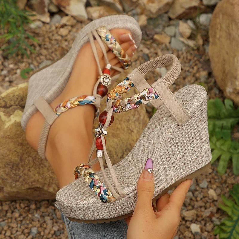 Fashion Bohemian Style Women's Wedge Sandals Beaded Decor Chunky Platform Sandals for Women Summer 2025 Printed Weaving Beach Sandalias