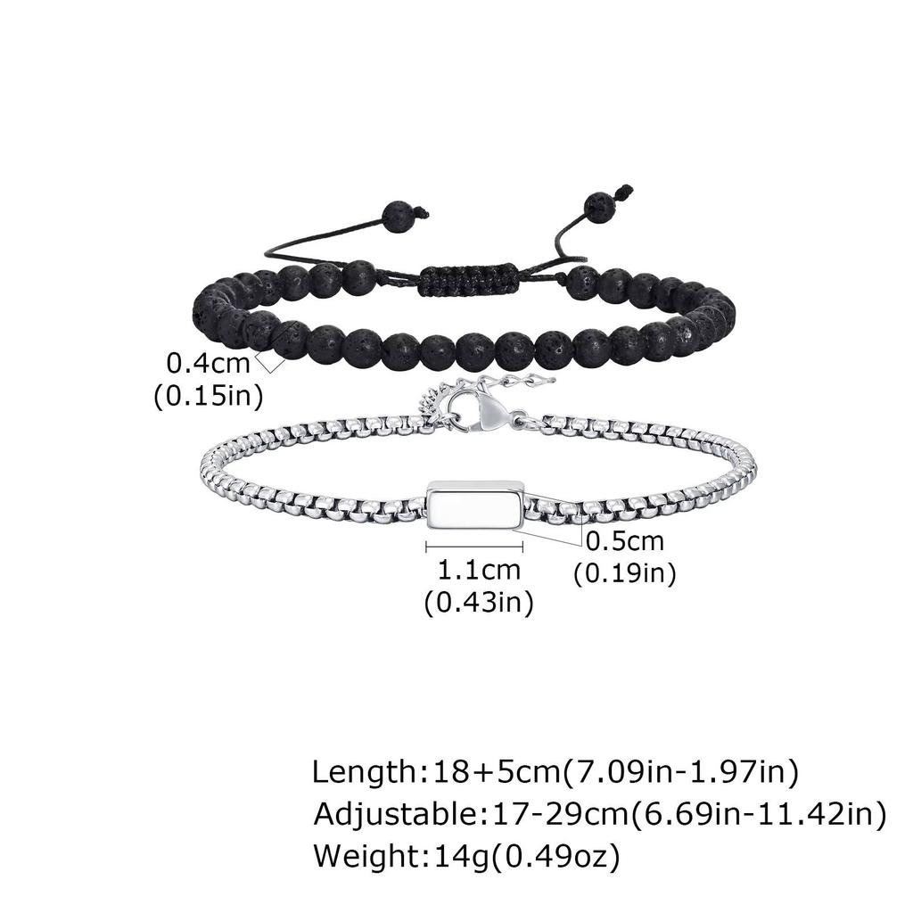 Vnox 2pcs/Set Adjustable Natural Stone Beads Bracelet Set with Stainless Steel Square Box Chain, Men's Casual Jewelry Set Gifts