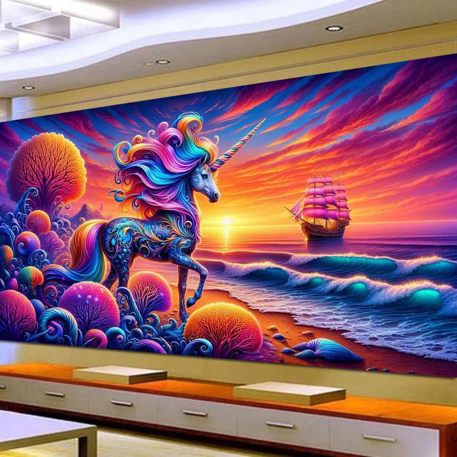 Sunset Sailboat Unicorn Large Size Diamond Painting Scenery Diy Full Square Round Drill Rhinestone Embroidery Mosaic Cross Stitch Kits Wall Decor