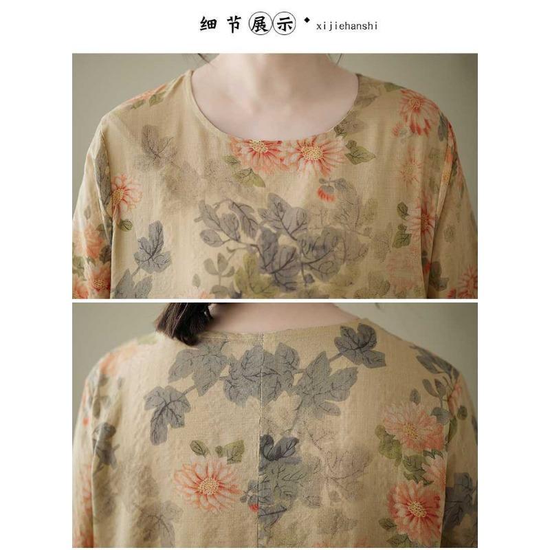 Printed Round Neck Loose Plus Size Long Sleeve Plus Size Vacation Dresses