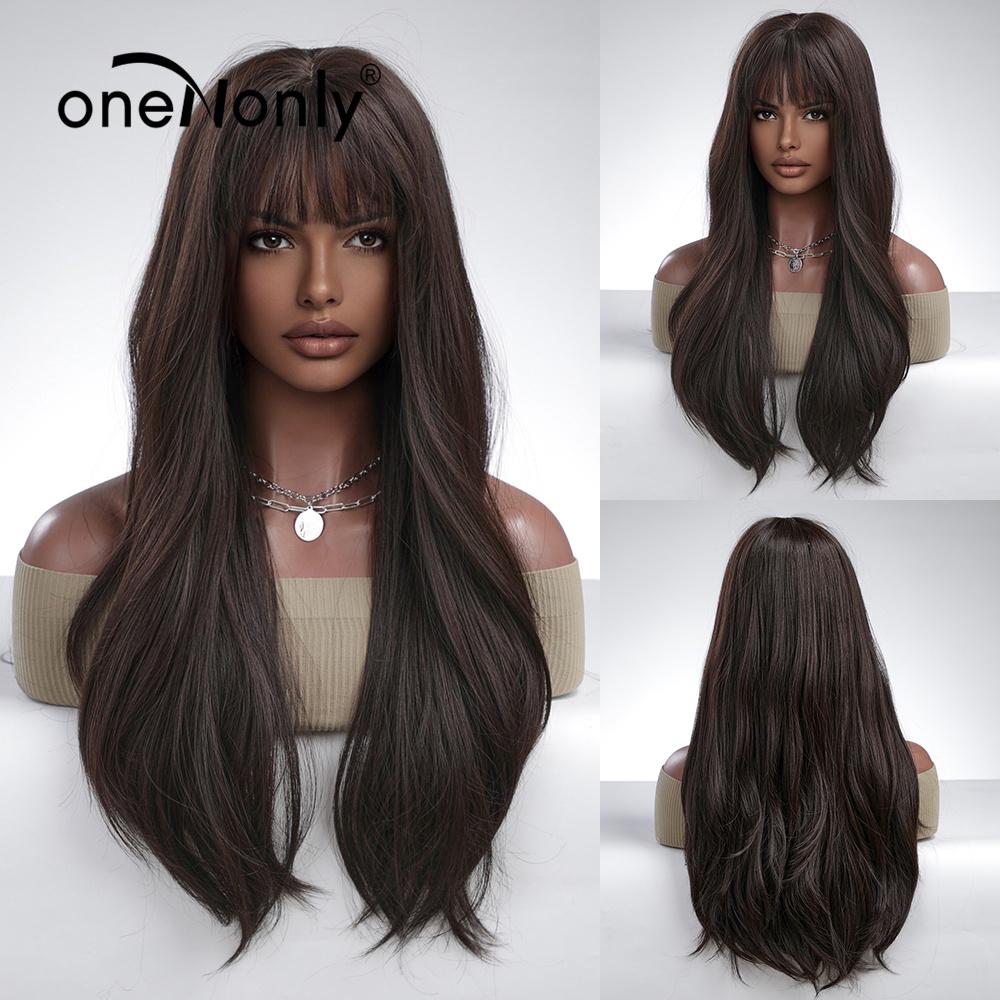 oneNonly Long Body Wave Ombre Brown Pink Synthetic Wigs with Bangs Natural Wave for Women Cosplay Natural Wig Heat Resistant