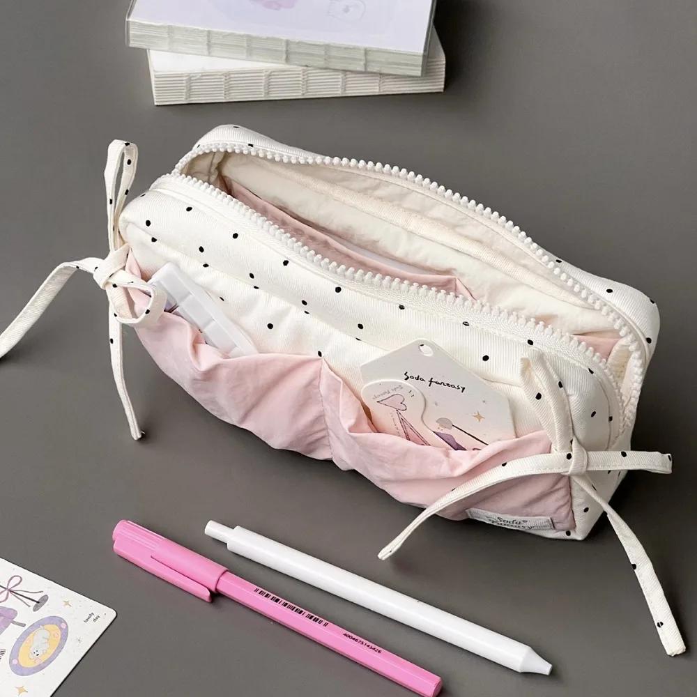 2026 NEW Bag Large Capacity Cute Snow-white Polka Dot Student Pencil Box Makeup Storage Bags Heart-shaped Bow Design Stationery