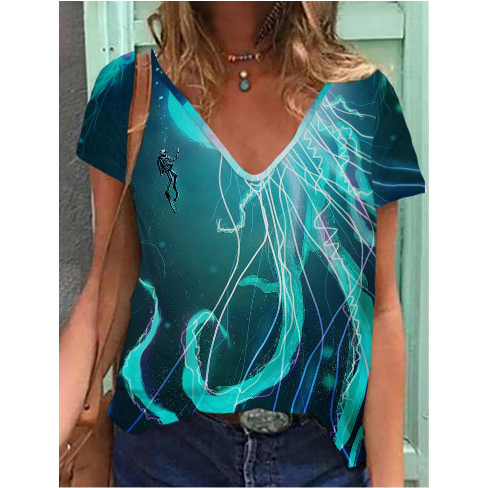 Dam T-shirt Sommar Gradient Grafiskt Tryck Blus V-ringning Mode Dam Retro Kläder Blommig Tryck T-shirt Damkläder