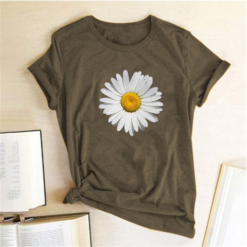 Summer Round Neck Daisy Pattern Printed Top Fashionable Casual Pure Cotton Short Sleeved Women's T-shirts