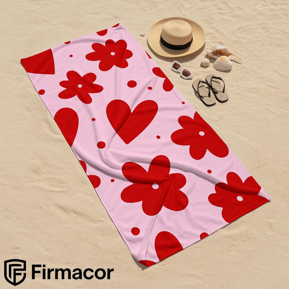 Red Floral Heart Pink Base Soft Portable Travel Towel Unisex Ultra Lightweight Microfiber Oversized Sand Quick Dry Beach Towel