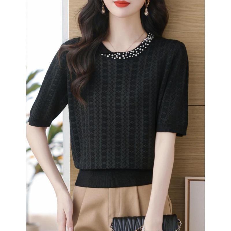 Women Heavy Beaded Neckline Jacquard Knit Short Sleeve T Shirt New Fashion Summer Casual Elegant