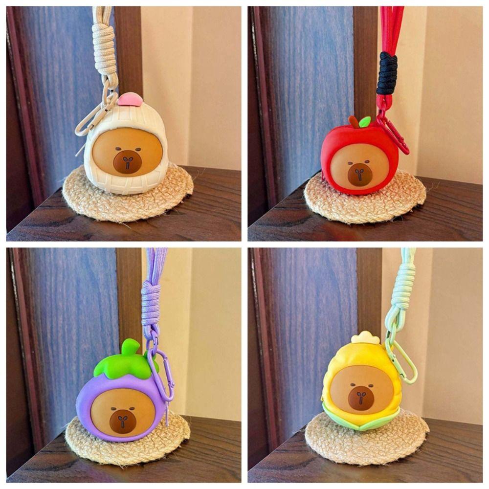 Cartoon Hanging Rope Storage Bag Creative Round Silicone Coin Purse Keychain Earphone Bag  Car Key