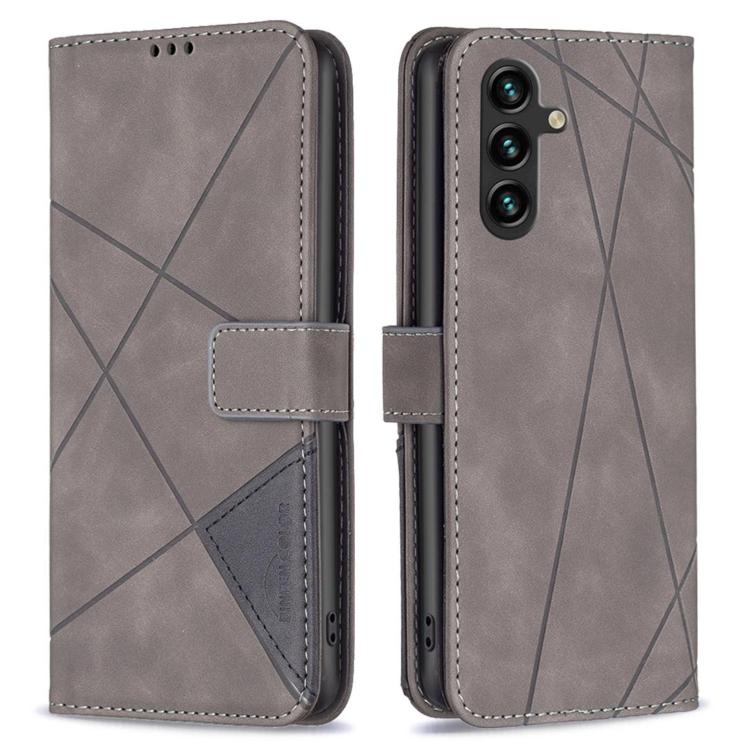 

BINFEN COLOR For Samsung Galaxy A56 5G Phone Cases Wallet Stand Geometry Imprinted Leather Cover Grey