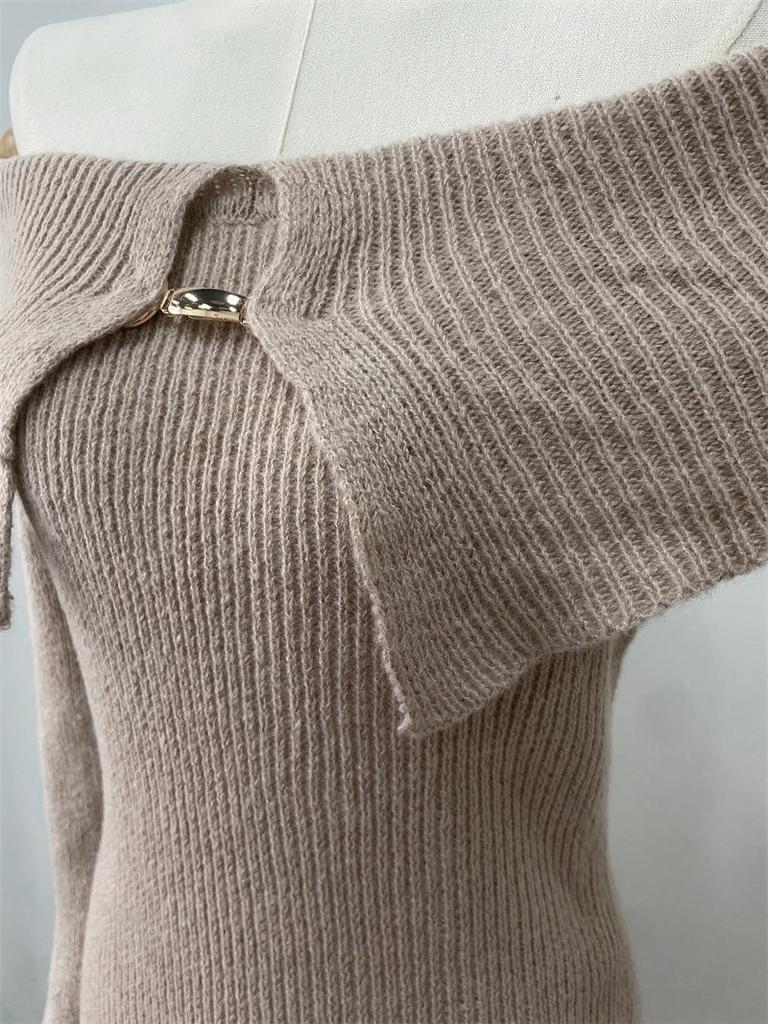 Women's Elegant Off-the-Shoulder Knit Dress with Lapel - European & American Style 2026