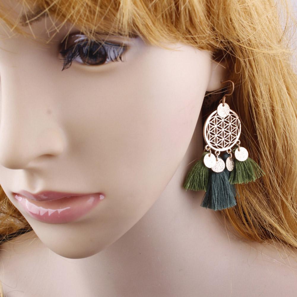Women Stylish Hollow Out Dream Catcher Design Tassel Earrings