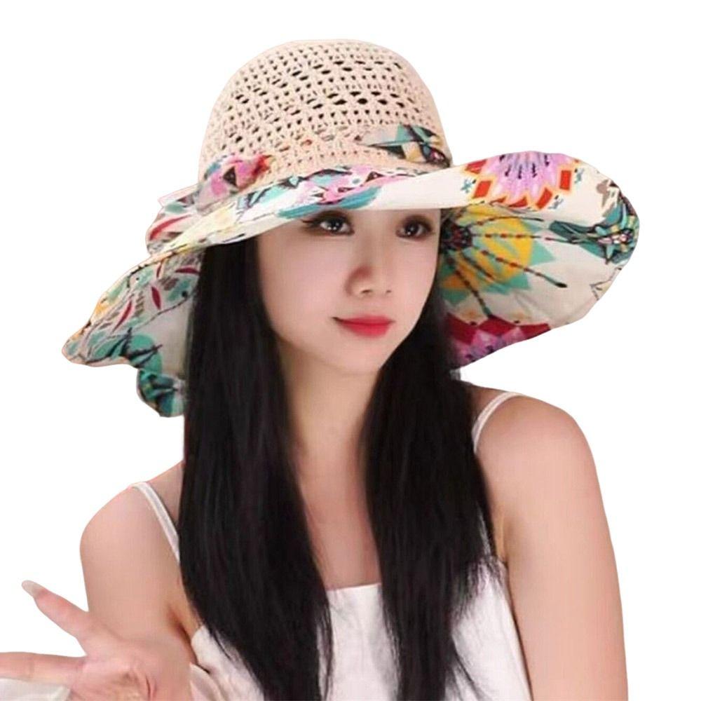 Breathable Beach Straw Hat Large Eaves Exquisite Flower Wide Brim Hat Foldable Uv Protection Handmade Hat Fashion Sunscreen