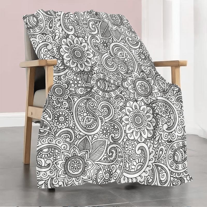 Adult Stress-Relief Hand-Painted Paisley Flannel Blanket, Skin-Friendly Warm Thick Nap for Office Sofa Cover, Creative DIY Gift