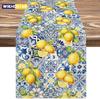 Summer Lemon Tiles Linen Table Runner Holiday Party Decor Reusable Farmhouse Kitchen Dining Table Runner Wedding Decorations