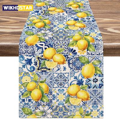 Camino de Mesa de Lino con Azulejos de Limón de Verano Decoración para Fiesta Navideña Reutilizable Cocina de Granja Comedor Camino de Mesa Decoraciones para Boda