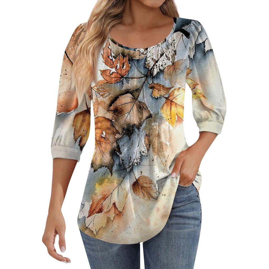 Women's Puff 3/4 Sleeve Tunic Tops Pleated Neck Blouses Casual Loose Spring And Summer T-Shirts