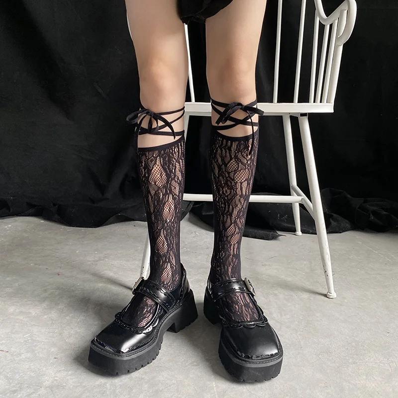 Straßen-Socken mit geteilter Zehe, strappige Netzstrümpfe mit Spitze, coole JK-Mädchen-Kniestrümpfe, japanische Lolita JK lange Kniestrümpfe, Lolita One Size gray