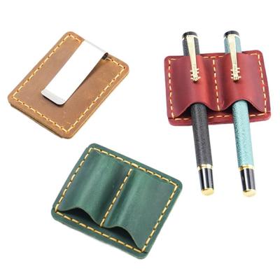 With Metal Clip Leather Pen Holder Double Slot Pen Sleeve Portable Pencil Organizer  Journal