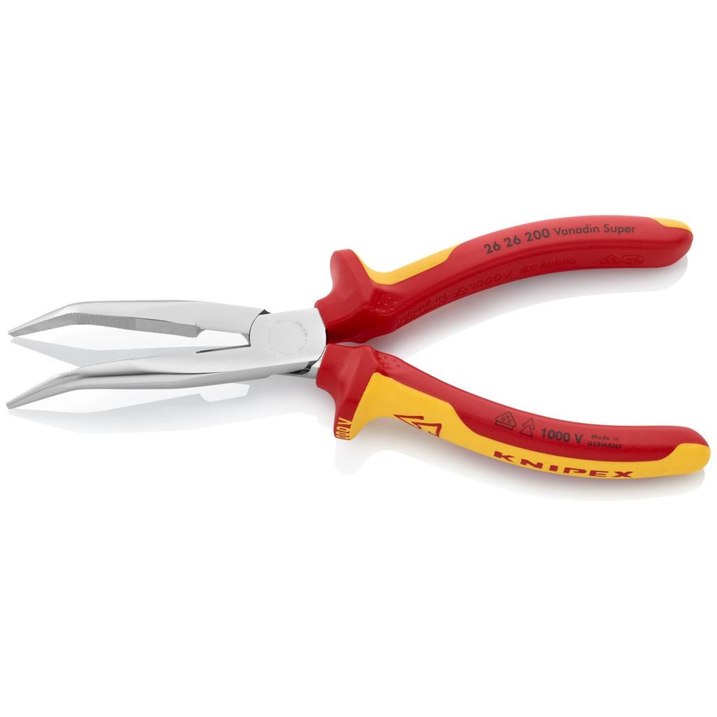KNIPEX 200mm 1000V Insulated Bent Snipe Nose Pliers with Cutter - Professional Chrome-Plated Vanadium Steel Industrial Hand Tool