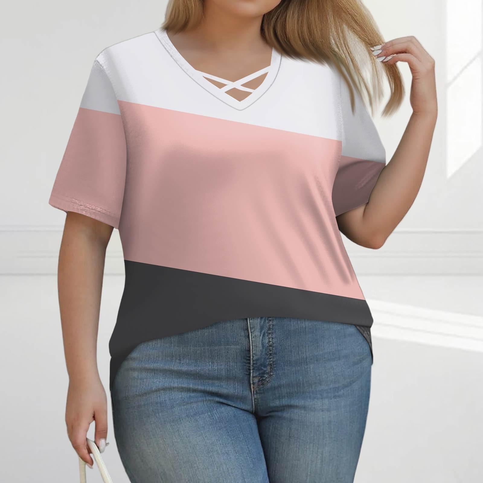 

Женская модная повседневная однотонная полосатая футболка с V-образным вырезом и коротким рукавом большого размера L розовый