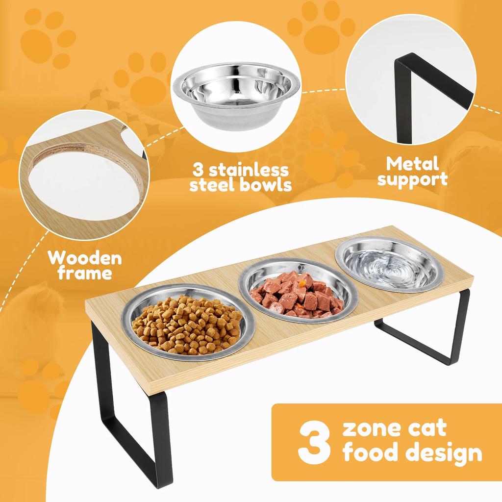 Tilt 15° Raised Cat Food Bowl 3 Stainless Steel Bowls, Drinking and Eating With Wooden Stand Anti-vomiting Suitable for Cats