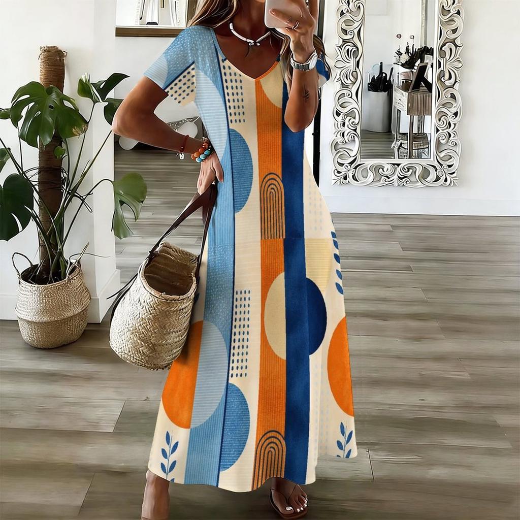 Women Plus Size V Neck Short Sleeve Plaid Printed Straight Maxi Dress