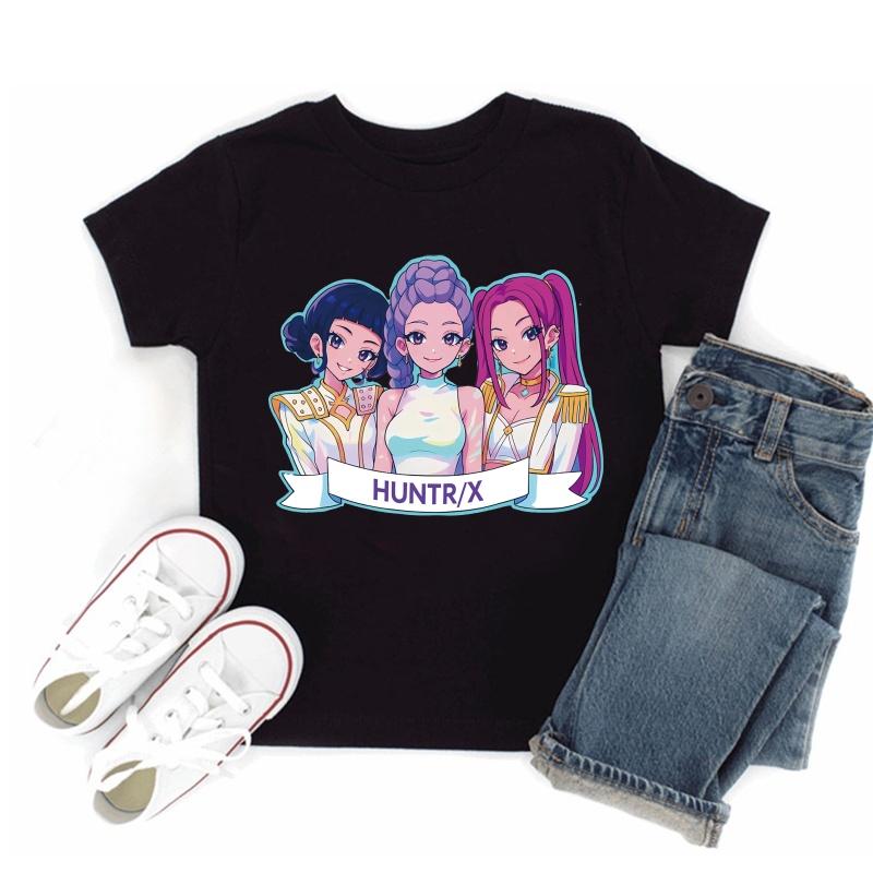 Hot Sale Kpop Demon Hunters Print Fashion Kids T-shirt Baby Boys Girls Clothes Summer Children Cotton Short Sleeve Black T shirt