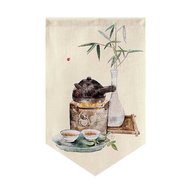 

Ancient Style Hanging Short Curtain Triangle Flag Kitchen Noren Home Decor Half Curtain Entrance Partition Restaurant Drape 25x40cm&Hook