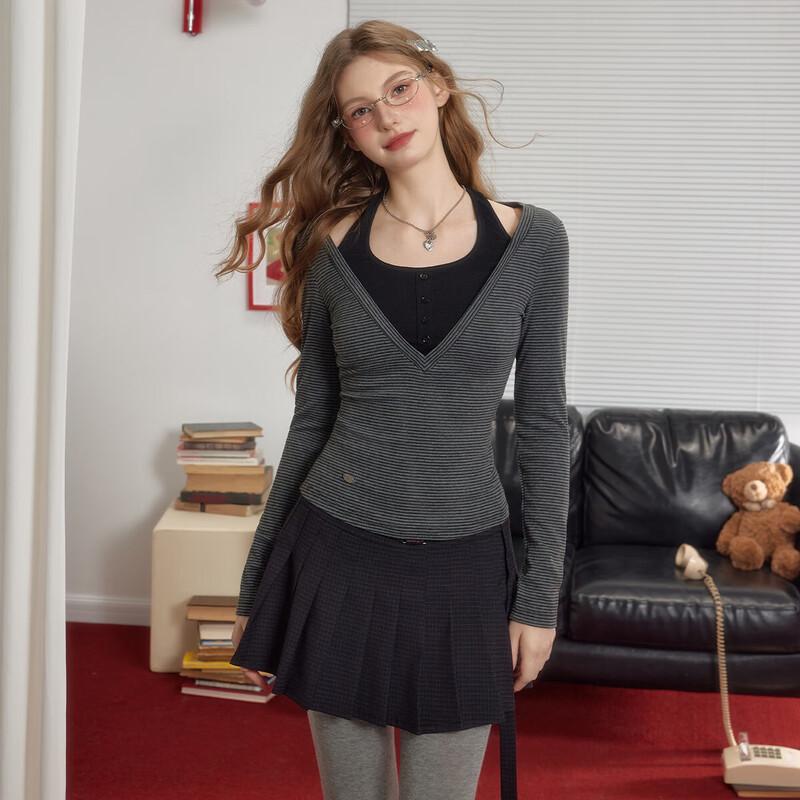 UNIFREE Women s Striped Faux Two-Piece Slim-Fit Long-Sleeve T-Shirt One Size